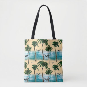 Watercolor beach seamless texture. Palms, seagull, Tote Bag