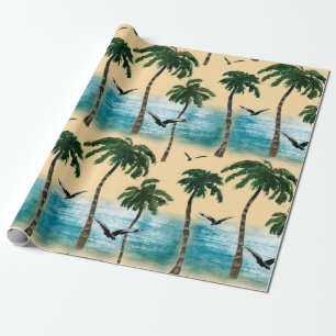 Watercolor beach seamless texture. Palms, seagull, Wrapping Paper