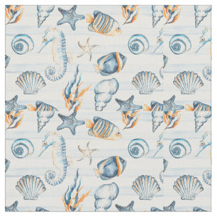 Watercolor Beach Seashell Vacation Holiday Blue  Fabric