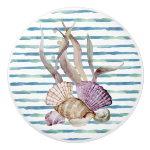 WATERCOLOR BEACH SHELLS CORAL  VACATION HOUSE CERAMIC KNOB