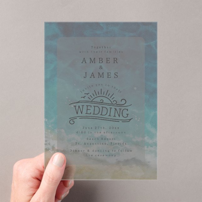 Watercolor Beach Shore Line Art Wedding Acrylic Invitations (Insitu (Handheld))