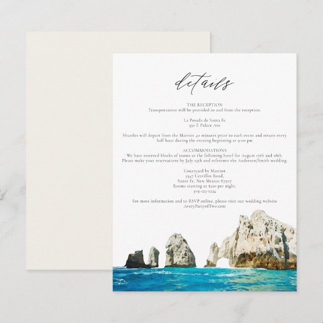 Watercolor Beach Skyline Cabo Mexico Details Card (Front/Back)
