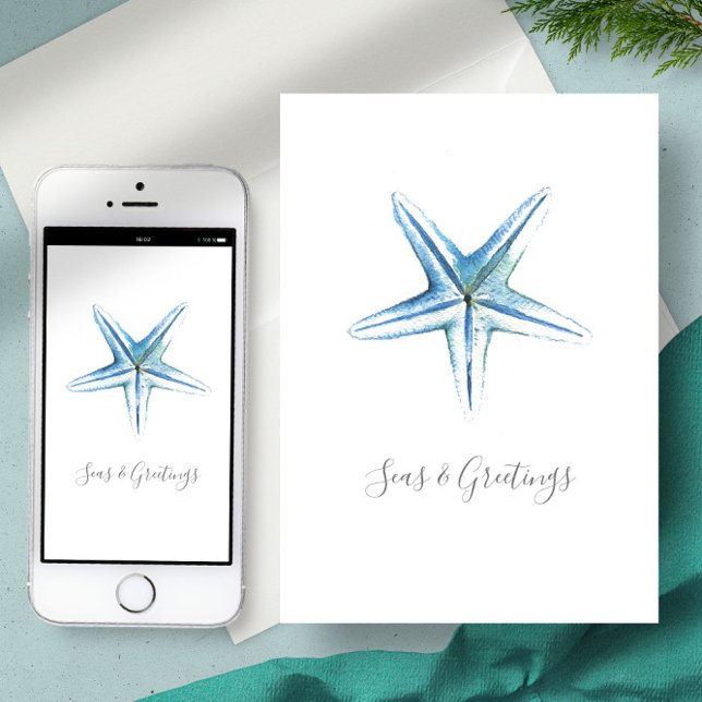 Watercolor Beach Starfish Custom Christmas Card (Digital Christmas Cards Beach Starfish sea star blue
)