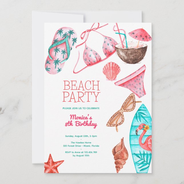 watercolor beach summer party birthday invitation (Front)