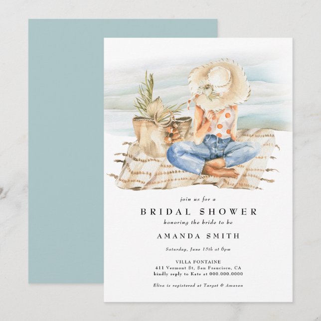 Watercolor Beach Summer Tropical Bridal Shower Invitation (Front/Back)