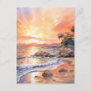 Watercolor Beach Sunset Background Postcard