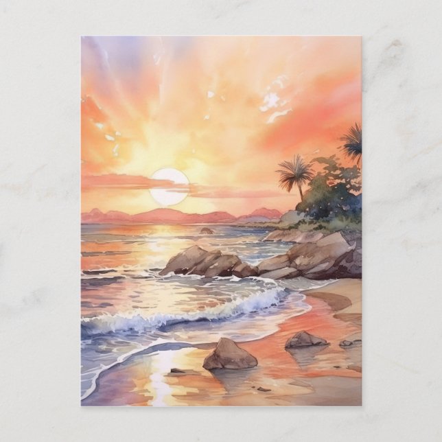 Watercolor Beach Sunset Background Postcard (Front)