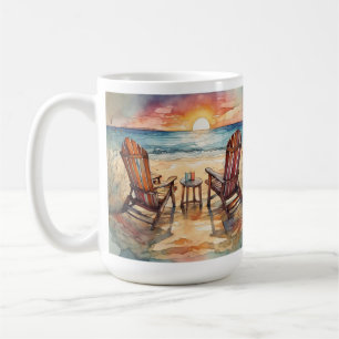 Watercolor Beach Sunset Coffee Mug, Ocean Waves Coffee Mug