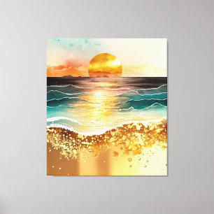 Watercolor Beach Sunset Painting with Gold Accents Canvas Print