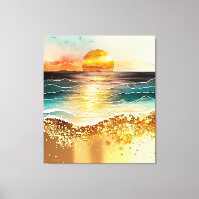 Watercolor Beach Sunset Painting with Gold Accents Canvas Print (Front)