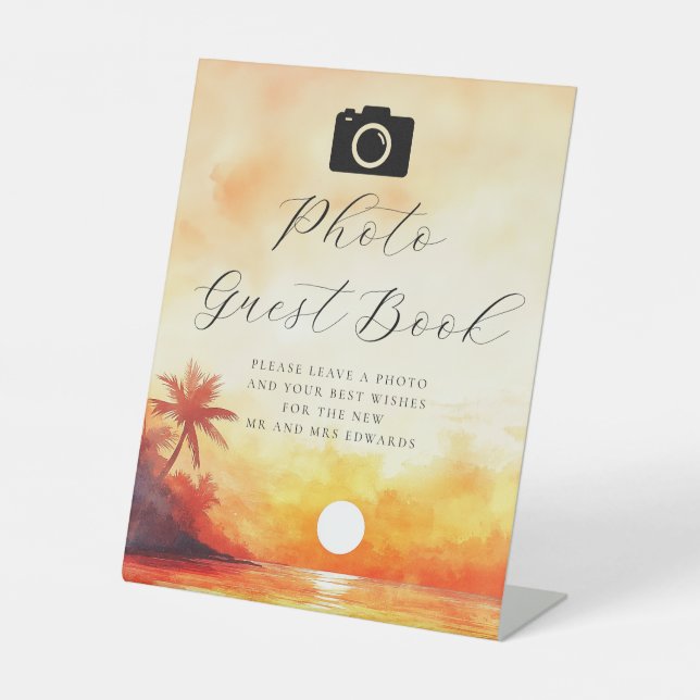 Watercolor Beach Sunset Photo Guest Book Wedding Pedestal Sign (Front)