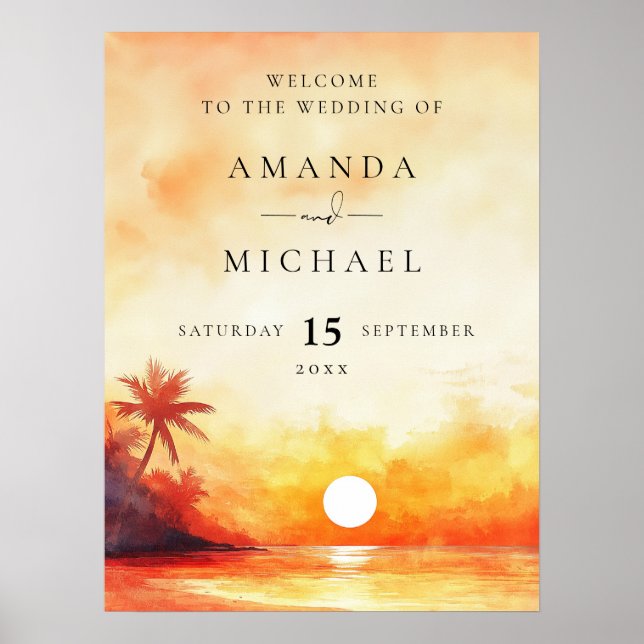 Watercolor Beach Sunset Wedding Welcome Sign (Front)