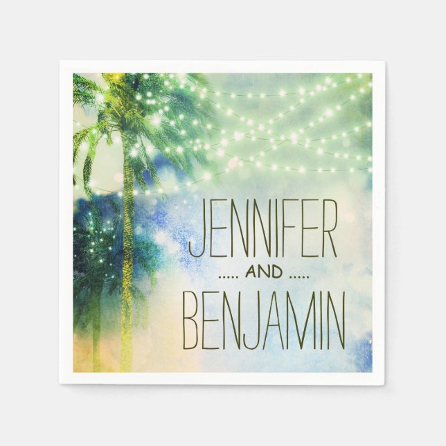watercolor beach teal wedding string lights napkin (Front)