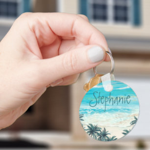 Watercolor Beach Tropical Name Monogram Key Ring