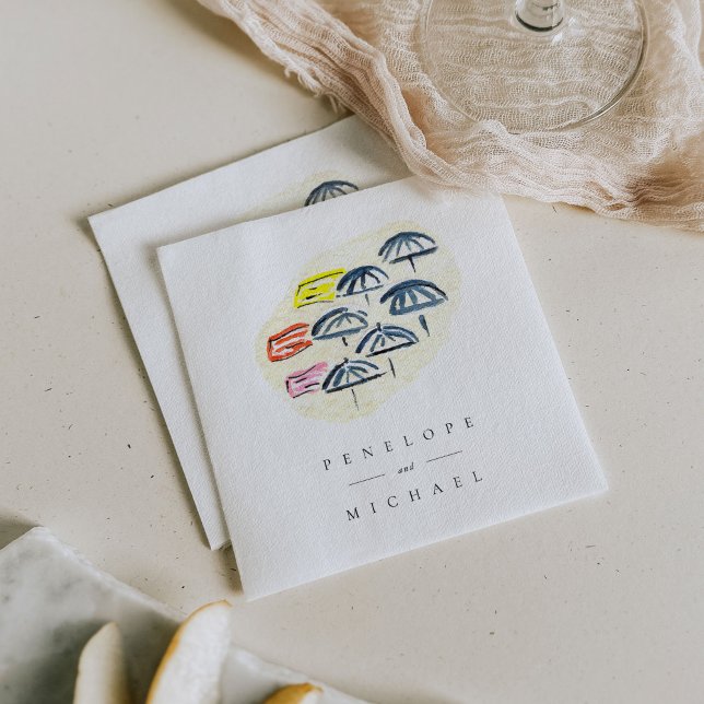 Watercolor Beach Umbrellas Wedding Napkins (Beach umbrellas Positano wedding paper napkins.)