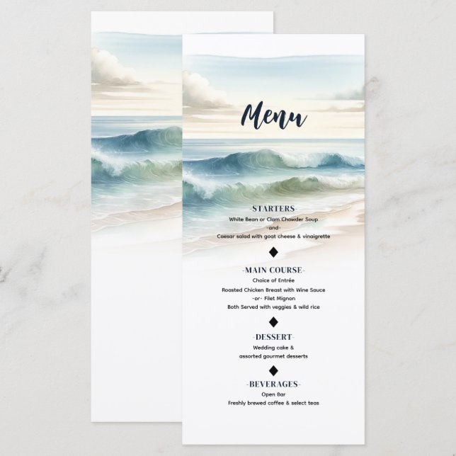 Watercolor Beach Waves Coastal Wedding Menu (Front/Back)