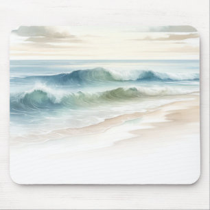 Watercolor Beach Waves Rustic Coastal Mouse Mat
