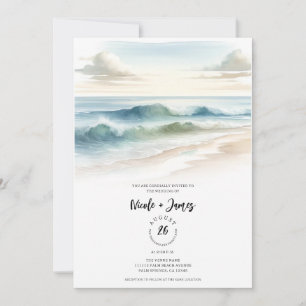 Watercolor Beach Waves Rustic Coastal Wedding Invitation