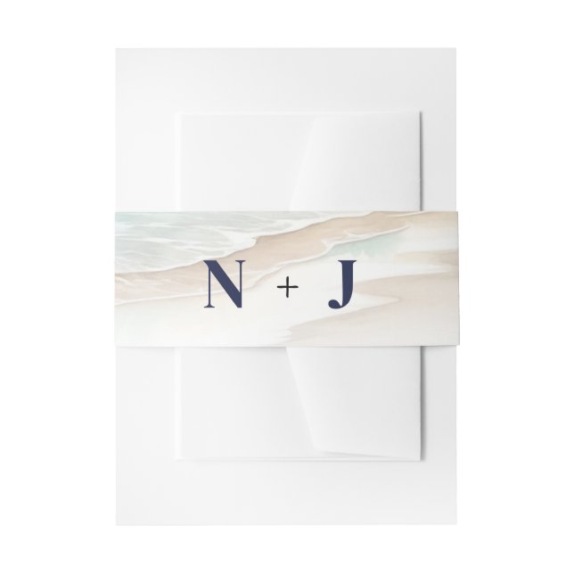 Watercolor Beach Waves Rustic Coastal Wedding Invitation Belly Band (Front Example)