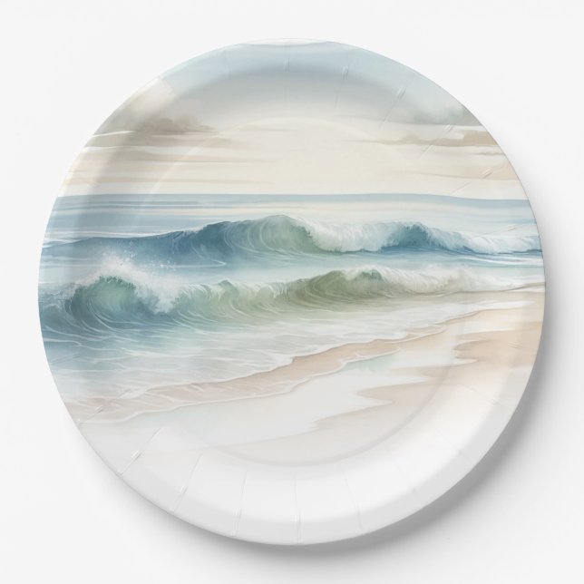 Watercolor Beach Waves Rustic Coastal Wedding Paper Plate (Front)