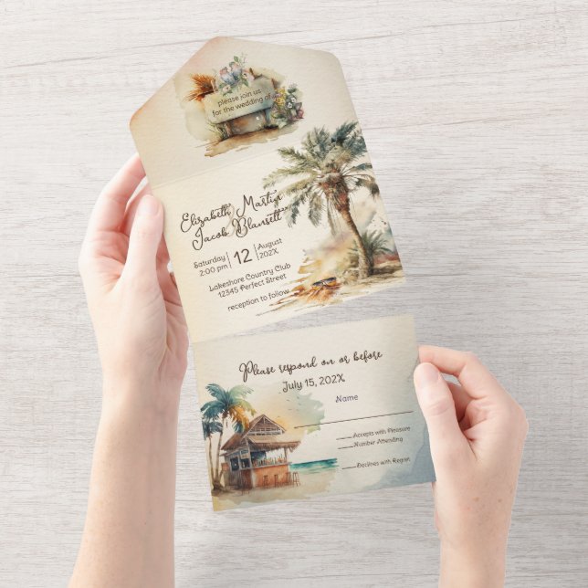 Watercolor Beach Wedding All In One Invitation (Tearaway)