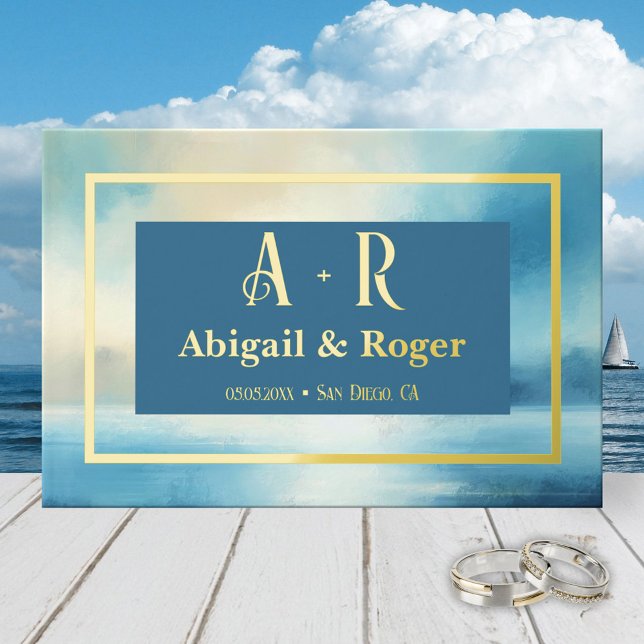Watercolor Beach Wedding Custom Photo Real Foil  Guest Book (Elegant watercolor design real foil beach wedding guest book with your custom photo on the back)