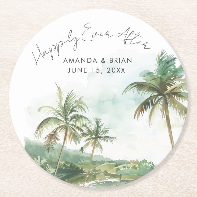 Watercolor Beach Wedding Happily Ever After Round Paper Coaster (Front)