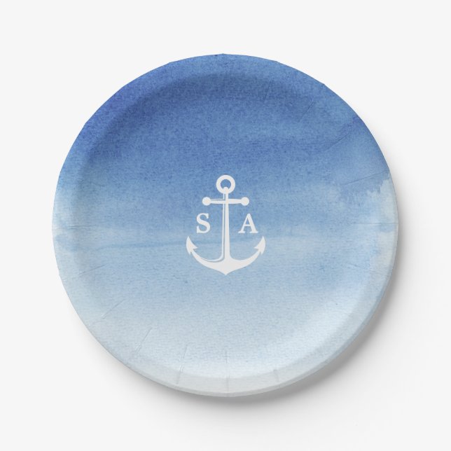 Watercolor beach wedding nautical anchor monogram paper plate (Front)
