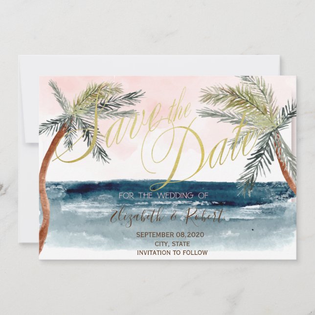 Watercolor Beach Wedding Palms  Save The Date (Front)