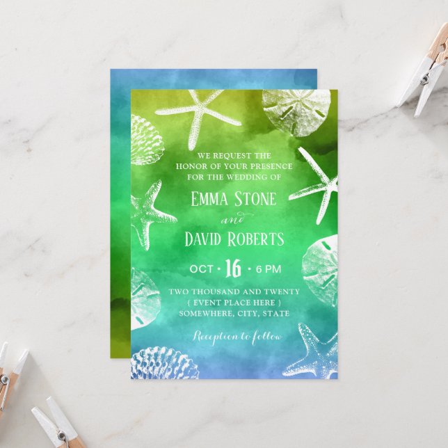 Watercolor Beach Wedding Starfish Seashell  Invitation (Front/Back In Situ)