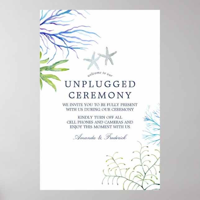 Watercolor Beach Wedding Unplugged Ceremony Poster (Front)