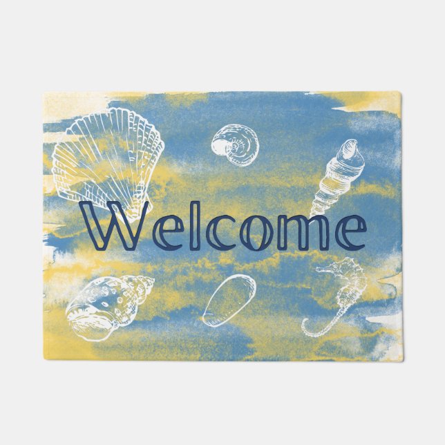 Watercolor Beach Welcome Blue Yellow Doormat (Front)