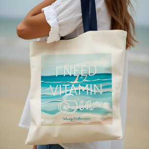 Watercolor Beachside Ocean 'I Need Vitamin Sea" Tote Bag