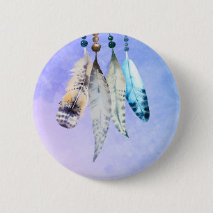 Watercolor Beads 'n Feathers on Bluish Purple 6 Cm Round Badge