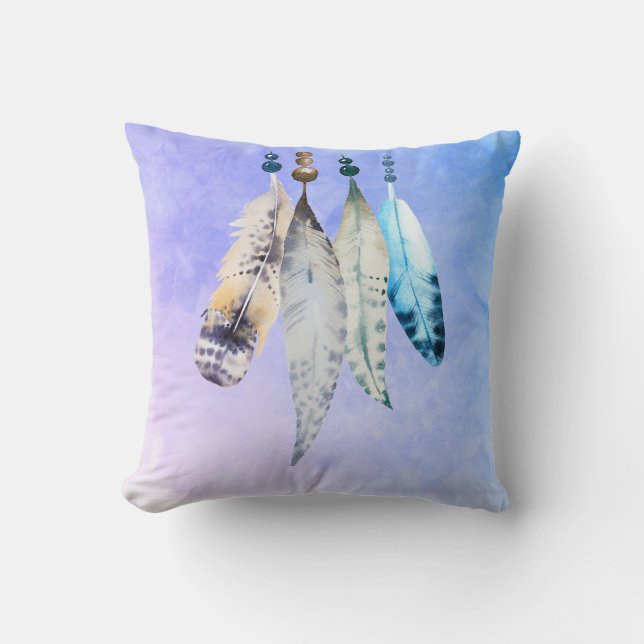 Watercolor Beads 'n Feathers on Bluish Purple Cushion (Front)