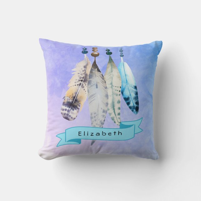 Watercolor Beads 'n Feathers on Bluish Purple Cushion (Front)