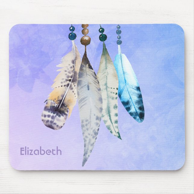 Watercolor Beads 'n Feathers on Bluish Purple Mouse Mat (Front)