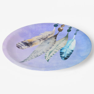 Watercolor Beads 'n Feathers on Bluish Purple Paper Plate