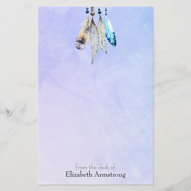 Watercolor Beads 'n Feathers on Bluish Purple Stationery (Front)