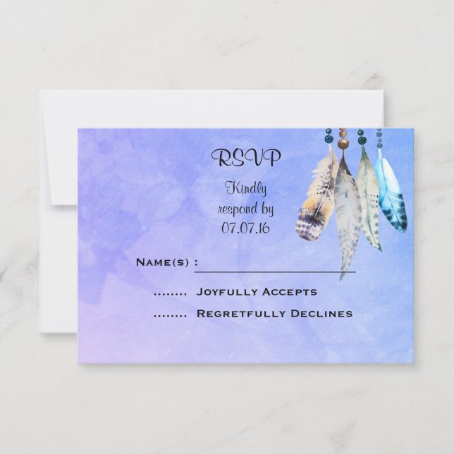 Watercolor Beads 'n Feathers Wedding RSVP (Front)