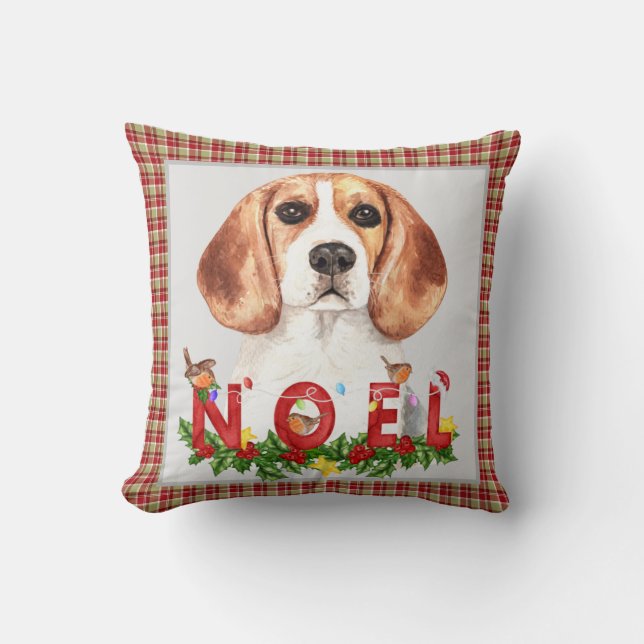 Watercolor Beagle & Christmas Bouquet Cushion (Front)
