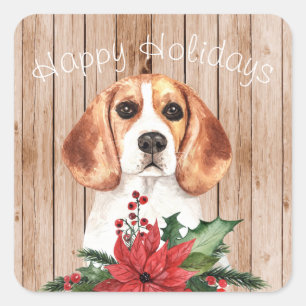 Watercolor Beagle & Christmas Bouquet Customisable Square Sticker
