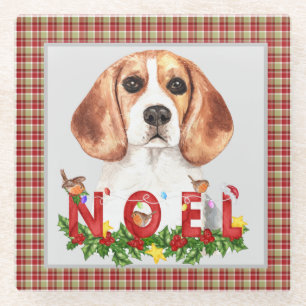 Watercolor Beagle & Christmas Bouquet  Glass Coaster