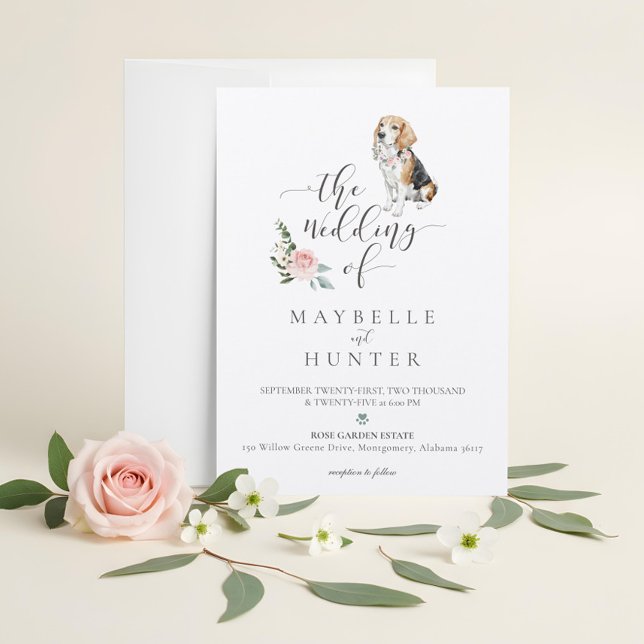 Watercolor Beagle Dog Pet & Floral Pink Rose Invitation (Watercolor Beagle Dog Pet & Floral Pink Rose Invitation)