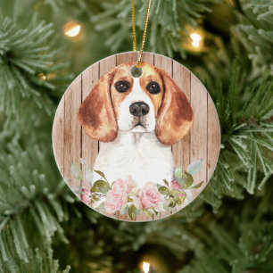 Watercolor Beagle & Flowers Memorial Ceramic Tree Decoration