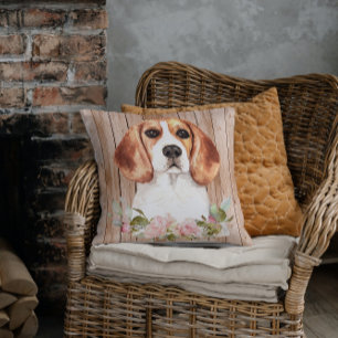 Watercolor Beagle & Flowers Throw Pillow