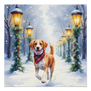 Watercolor Beagle Snowy Park Christmas Holiday Poster