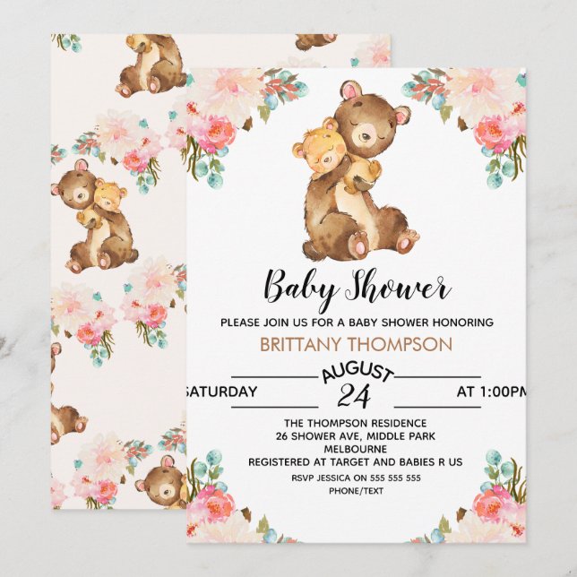 Watercolor Bear Baby Shower Invitation (Front/Back)