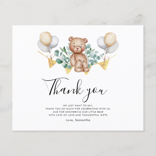 Watercolor Bear Baby Shower Thank You Card (Front)