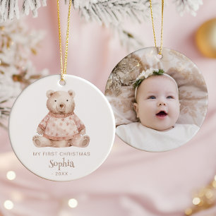 Watercolor Bear Baby's 1st Christmas Photo Ceramic Tree Decoration